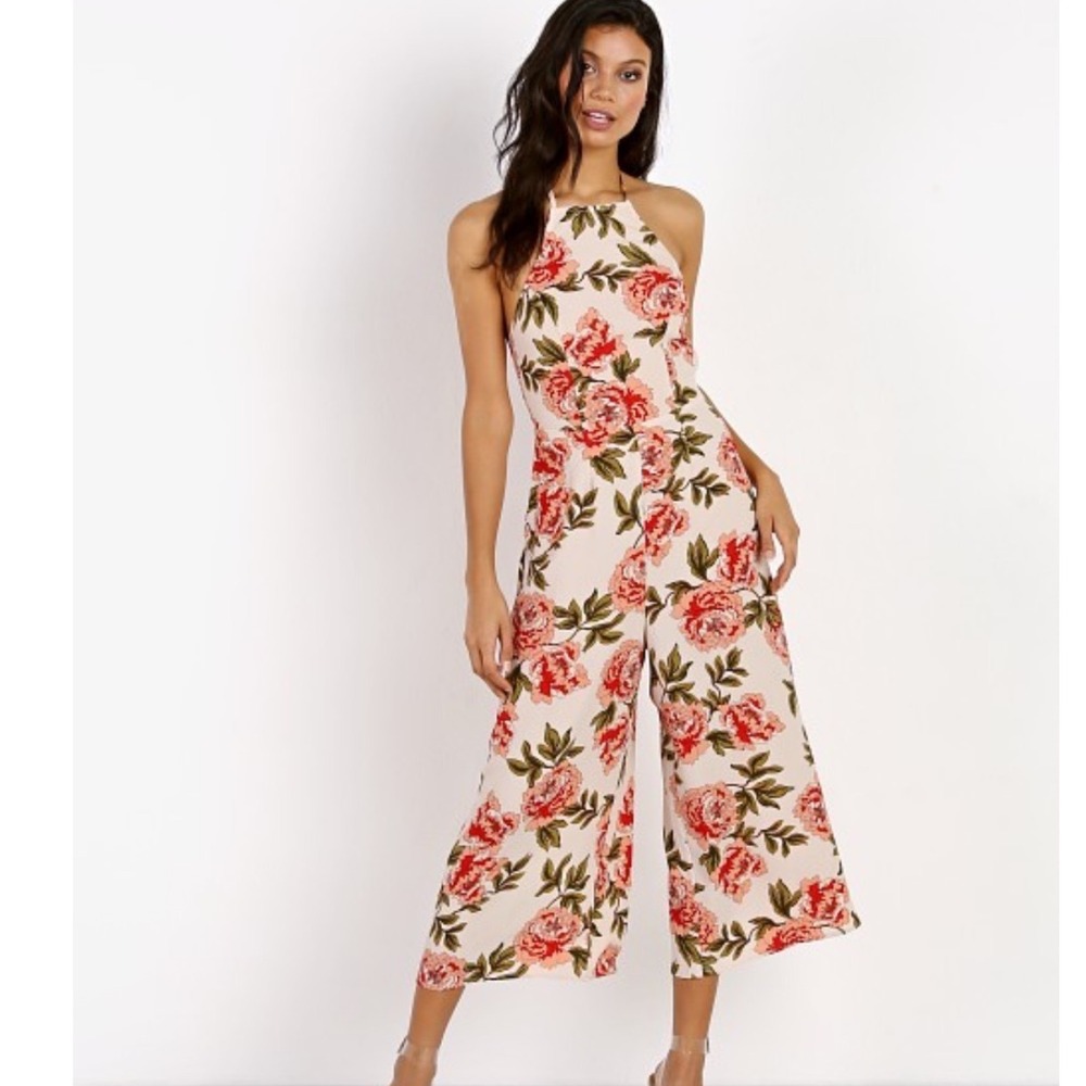 Show Me‎ Your Mumu | Woman's Pink Red Peony Floral Halter Wide Leg Jumpsuit, S